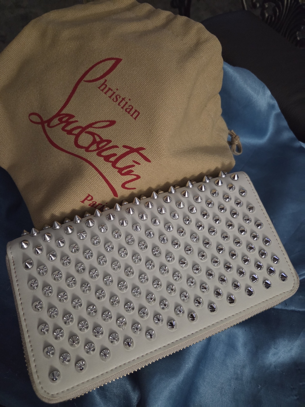 Christian Louboutin Off White Studded Zip-Around Wallet New Without Tags